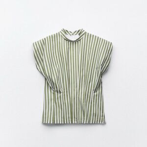 Zara Green White Striped Mock Neck Cinched Waist Mixed Media Shirt Blouse (NWT)